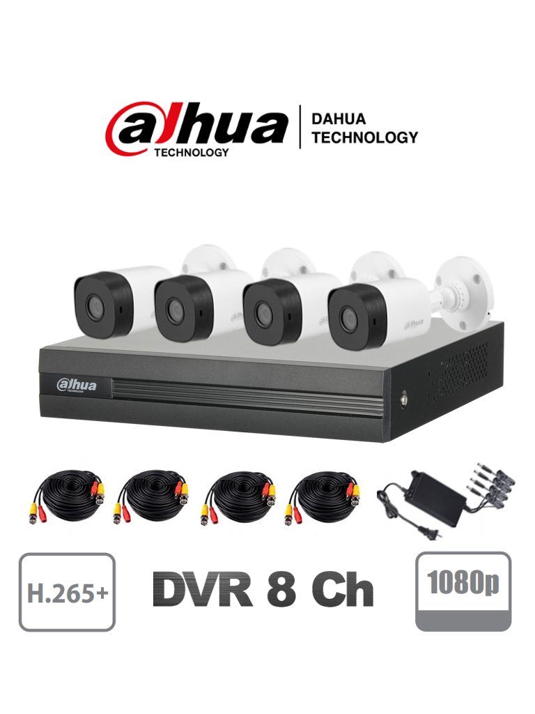 DAHUA COOPER - Kit 8 FullHD, 4 Camaras, DVR 8 CH, H.265+, 2 CH IP, IR 20, IP67
